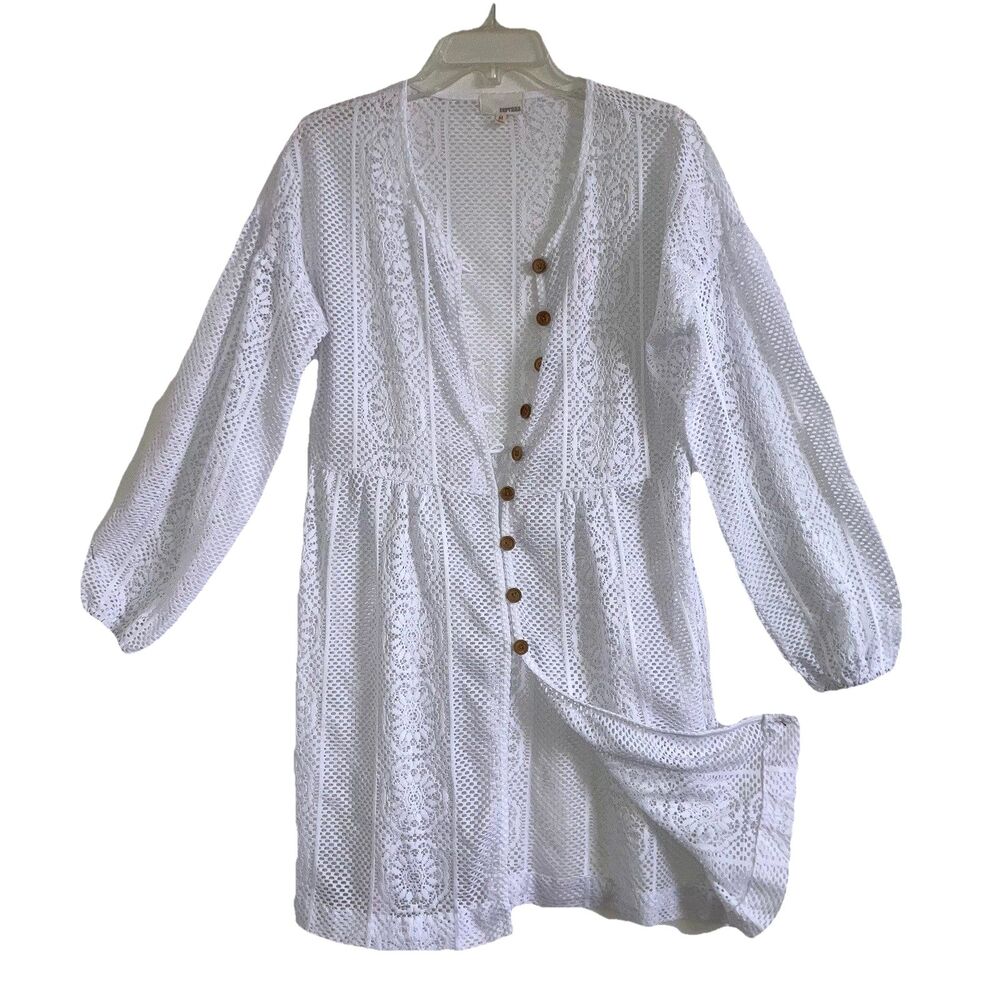 DEPT. 222 sz M Solid White Lace Button Duster Tunic Top Swim Cover Long Sleeve
